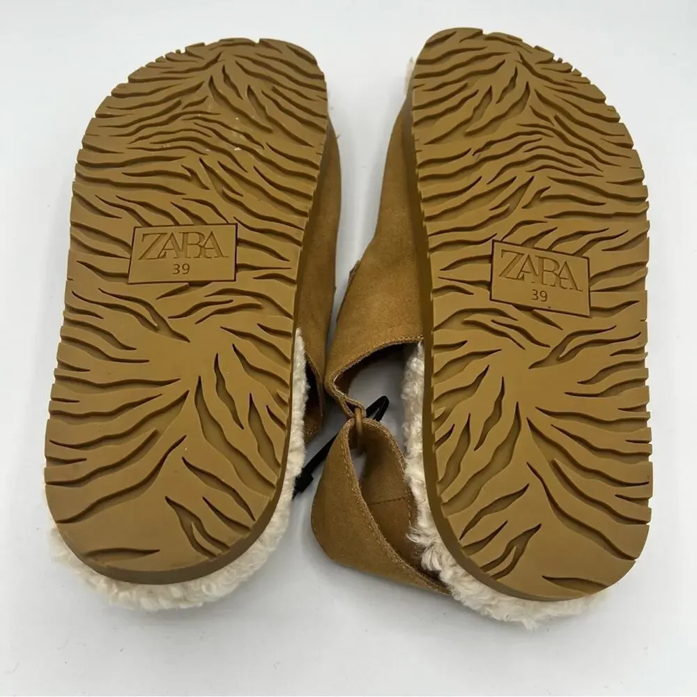 NWT Zara Leather Shearling Buckle Sling Back Flat Sandal Slipper Brown Cream 39 - Picture 8 of 8